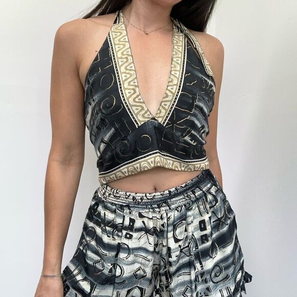 Black Silk Two Piece Halter Top & Short Set Handmade Indian Tribal Print Size S - Picture 7 of 16